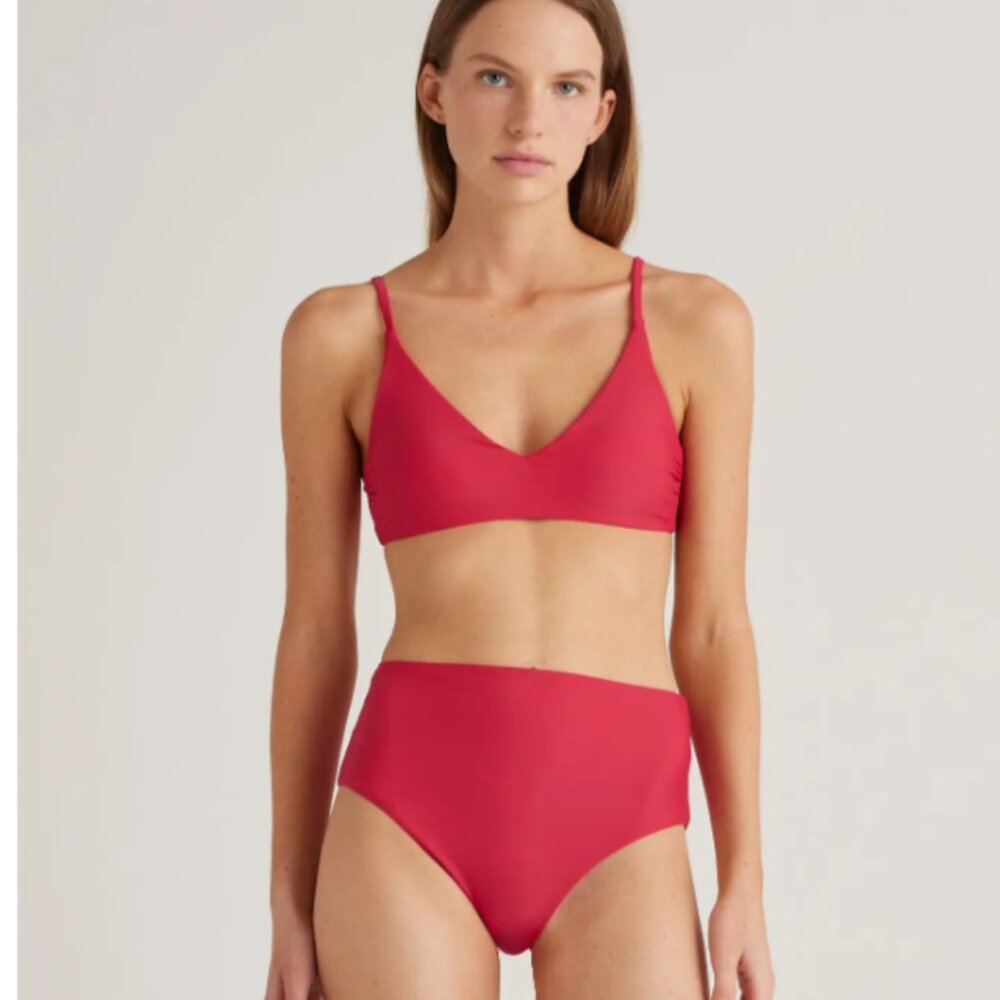 Quince Italian V Neck Bikini Top L and High Waisted Bottoms XL in Berry NWT